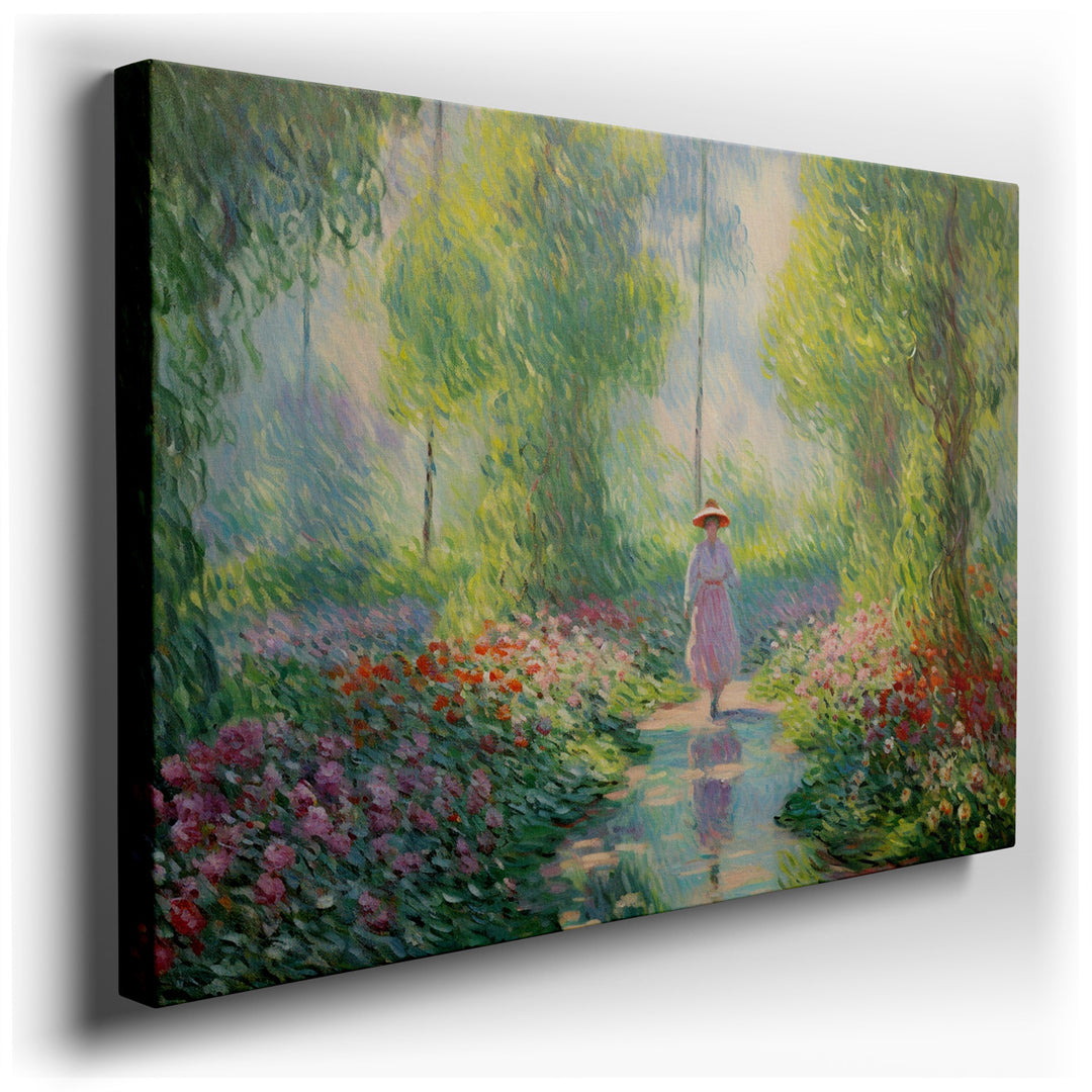 canvas print on wrapped canvas for wall decor – This enchanting impressionist wall art captures a serene moment as a woman meanders through a lush garden in full bloom....