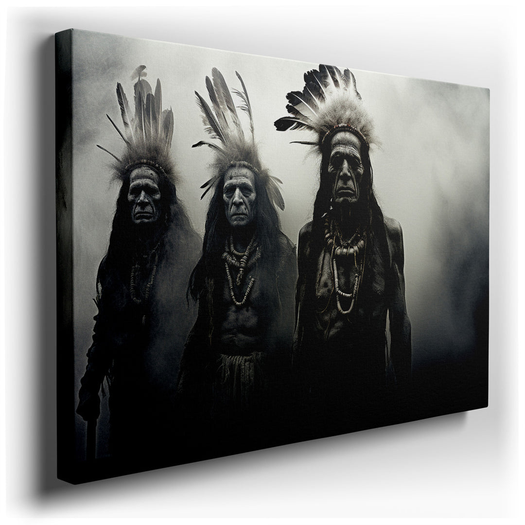canvas print on wrapped canvas for wall decor – The wall art in question is a captivating and evocative piece that masterfully portrays three indigenous figures, each a...