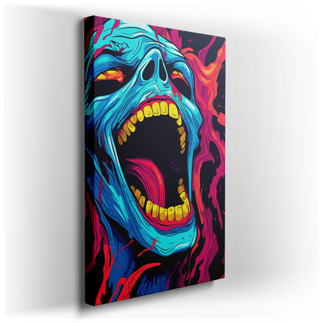 canvas print on wrapped canvas for wall decor – This wall art, a mesmerizing and intense portrayal of a vivid blue skull enveloped in swirling flames, is a masterpiece...