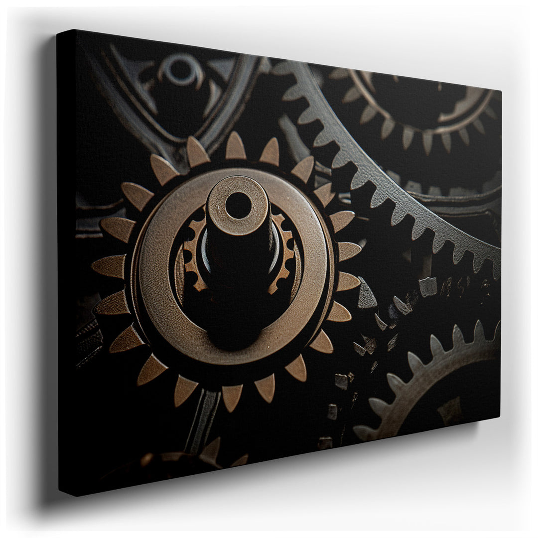 canvas print on wrapped canvas for wall decor – This wall art captures a mesmerizing close-up of metal gears, each piece interlocking flawlessly with the next, forming...