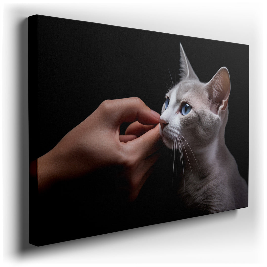 canvas print on wrapped canvas for wall decor – This wall art, a captivating portrayal of the tender interaction between a cat and a human, is a masterpiece that encaps...
