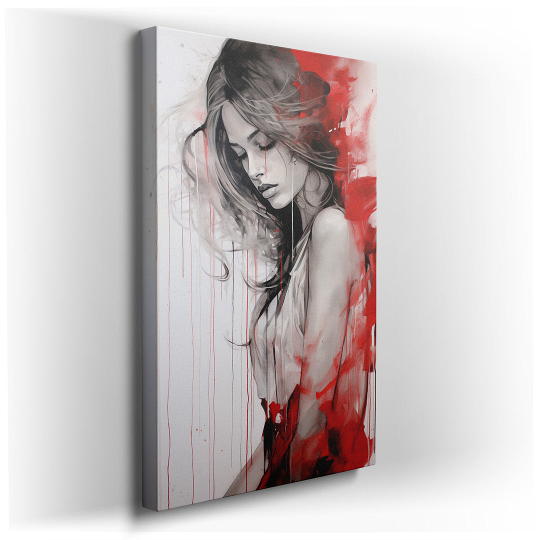canvas print on wrapped canvas for wall decor – This wall art, a striking portrayal of a woman lost in thought, is a masterpiece of emotional depth and artistic express...