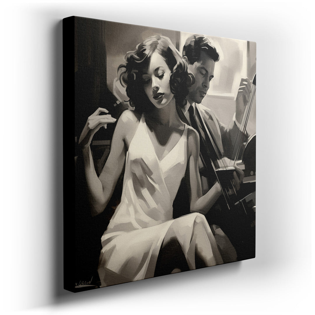 canvas print on wrapped canvas for wall decor – This exquisite black and white wall art captures a timeless moment of musical romance, making it a perfect addition to a...