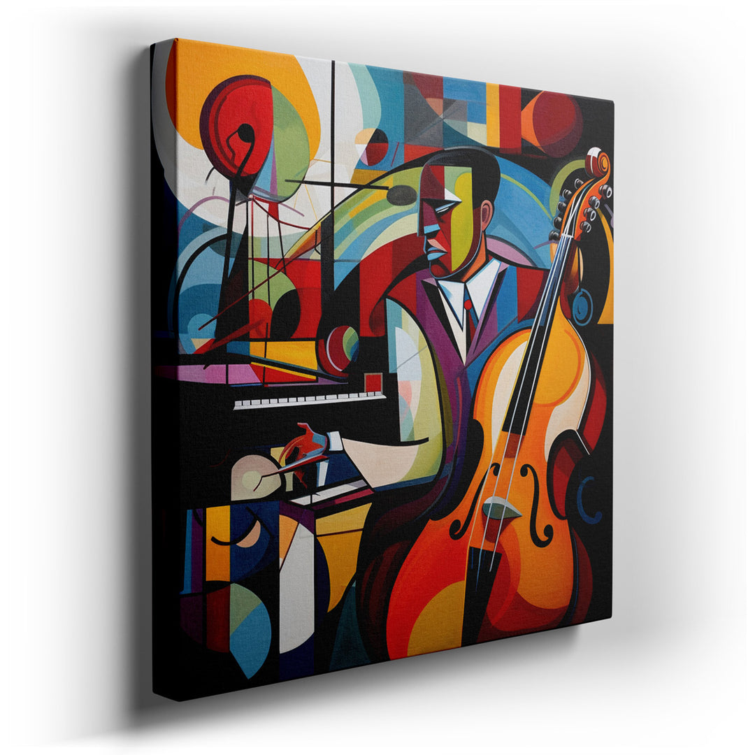 canvas print on wrapped canvas for wall decor – This wall art is a captivating visual symphony, a vibrant abstract portrayal of jazz musicians immersed in the throes of...