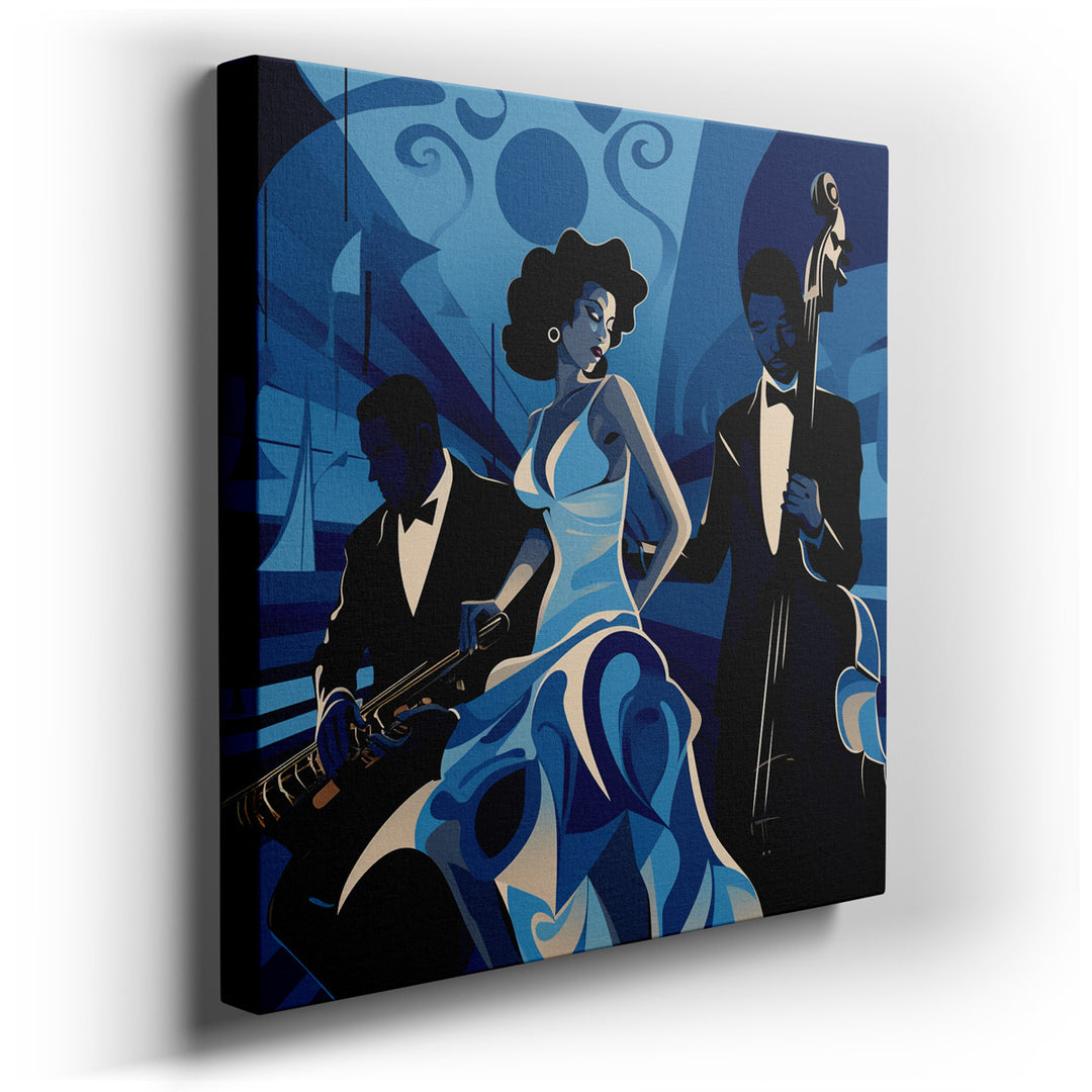 canvas print on wrapped canvas for wall decor – This wall art is a captivating portrayal of a jazz trio in the midst of a soul-stirring performance, rendered with a mas...
