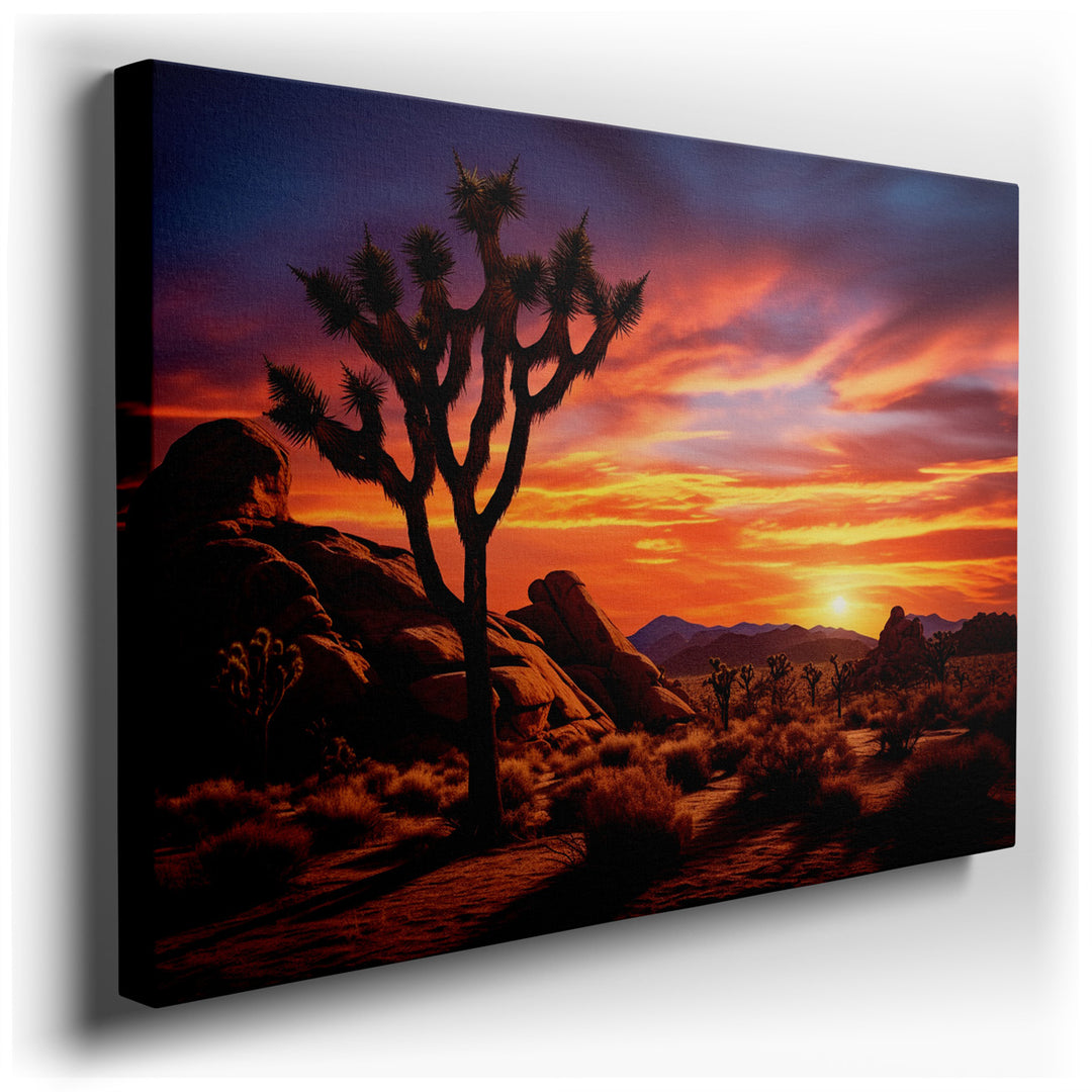 canvas print on wrapped canvas for wall decor – The wall art captures a breathtaking scene of a Joshua tree silhouette set against a backdrop of a fiery sunset, creatin...