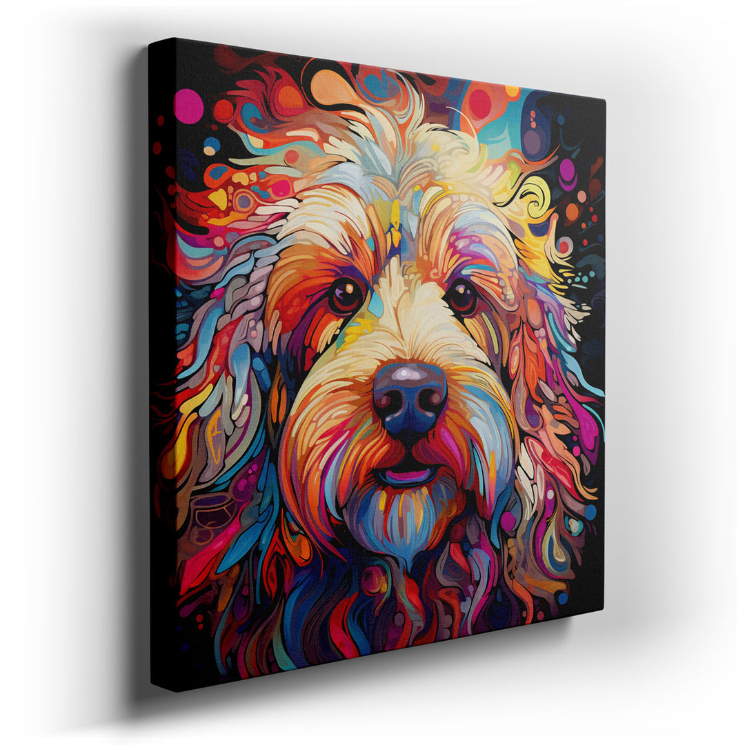 canvas print on wrapped canvas for wall decor – This wall art, an incredibly colorful artistic representation of a dog, is a vibrant celebration of color and emotion th...