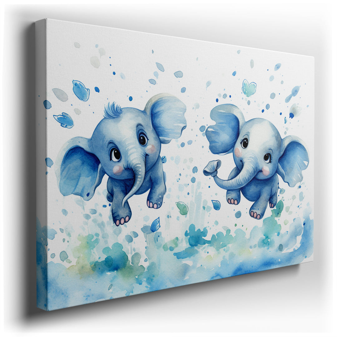 canvas print on wrapped canvas for wall decor – This enchanting wall art captures a delightful scene of two baby elephants, each rendered with exquisite attention to de...