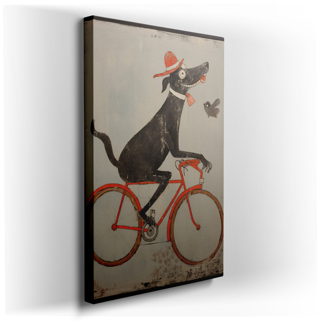 canvas print on wrapped canvas for wall decor – This delightful wall art captures the essence of whimsy and joy through its vibrant depiction of a black dog on a bright...