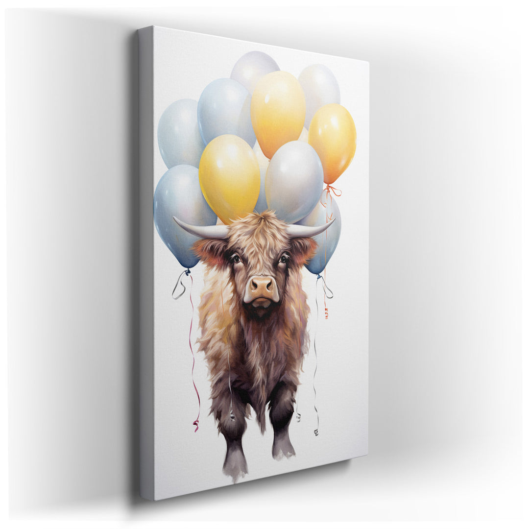 canvas print on wrapped canvas for wall decor – This delightful wall art captures the essence of joy and whimsy through its depiction of a charming cow amidst a vibrant...