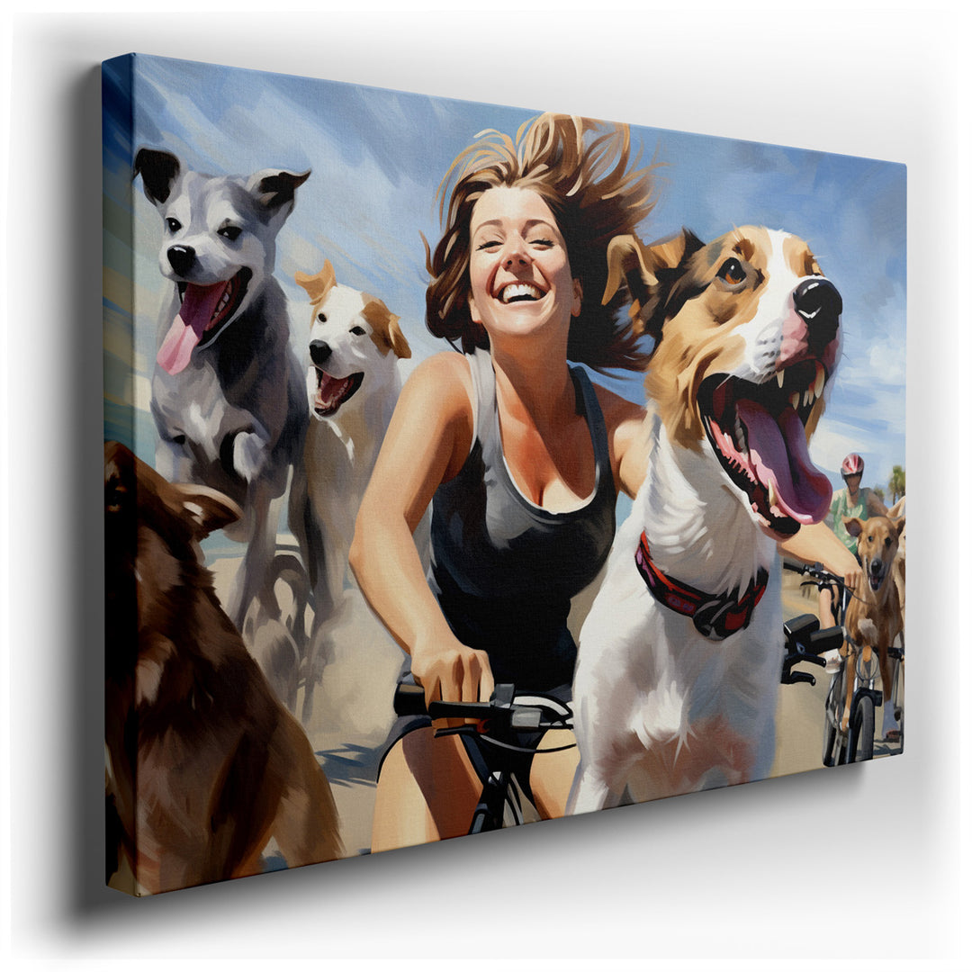 canvas print on wrapped canvas for wall decor – This wall art vividly captures a scene brimming with joy and vitality, where a woman, the central figure, is seen riding...