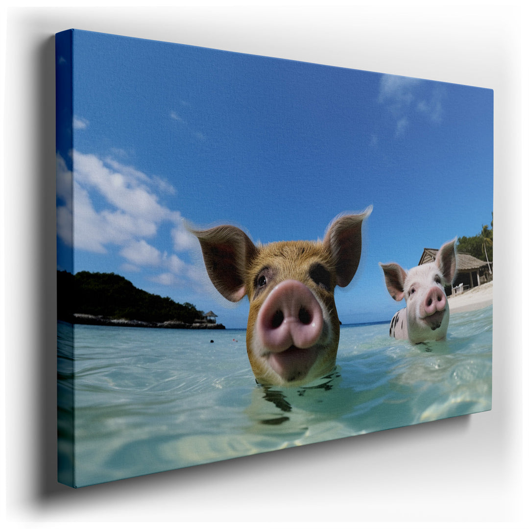 canvas print on wrapped canvas for wall decor – This enchanting wall art vividly portrays a delightful scene of two adorable piglets, each brimming with joy as they swi...