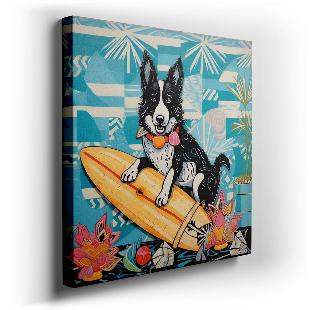 canvas print on wrapped canvas for wall decor – This delightful wall art is a vibrant celebration of summer and carefree adventure, featuring a playful dog as its centr...