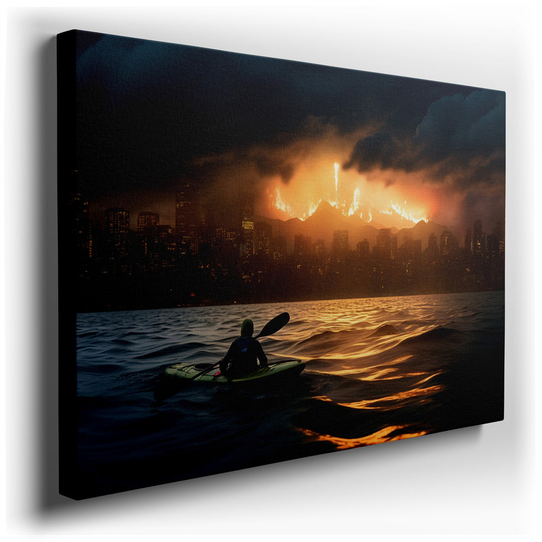 canvas print on wrapped canvas for wall decor – This wall art captures a scene of stark contrast and profound emotion, depicting a lone kayaker adrift amidst turbulent...