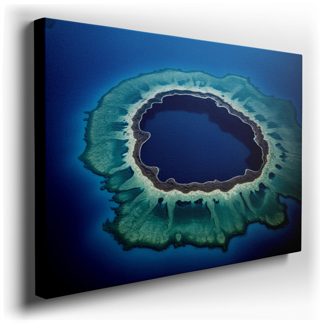 canvas print on wrapped canvas for wall decor – The wall art captures a breathtaking aerial view of a pristine lagoon, surrounded by a vibrant tapestry of coral reefs t...