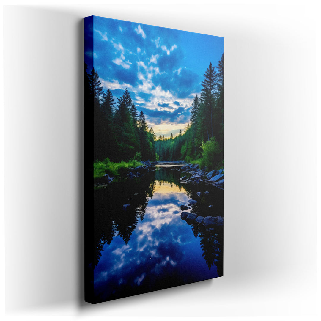 canvas print on wrapped canvas for wall decor – This enchanting wall art captures a serene lakeside scene, where the placid waters mirror the fluffy clouds and vibrant...