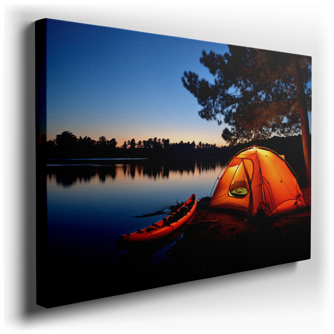 canvas print on wrapped canvas for wall decor – This wall art, a serene depiction of an inviting campsite near a peaceful lake at twilight, is a masterpiece that captur...
