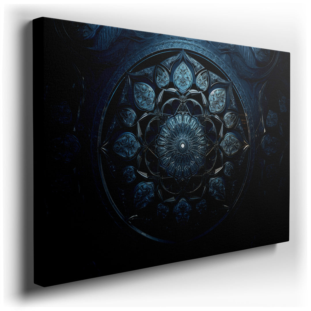 canvas print on wrapped canvas for wall decor – This captivating wall art features a mesmerizing deep blue mandala, intricately adorned with floral motifs that draw the...