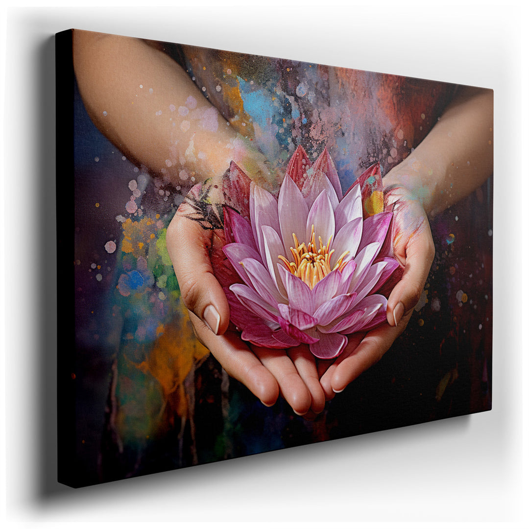canvas print on wrapped canvas for wall decor – This wall art, a mesmerizing portrayal of a set of hands cradling a lotus flower, is a profound artistic exploration of...
