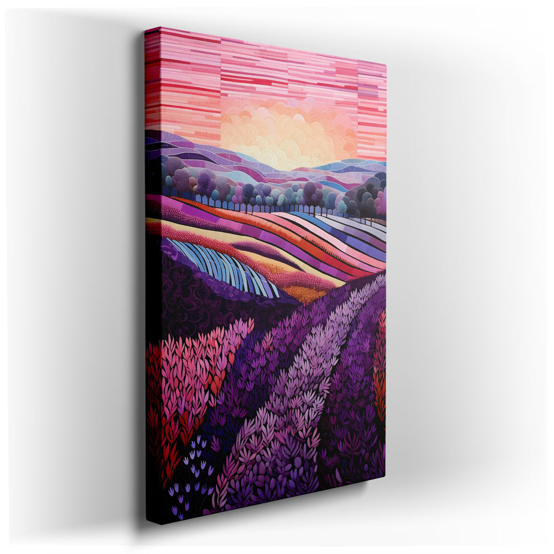 canvas print on wrapped canvas for wall decor – This wall art, a beautifully stylized representation of lavender fields at sunrise, is a masterpiece of abstract art tha...