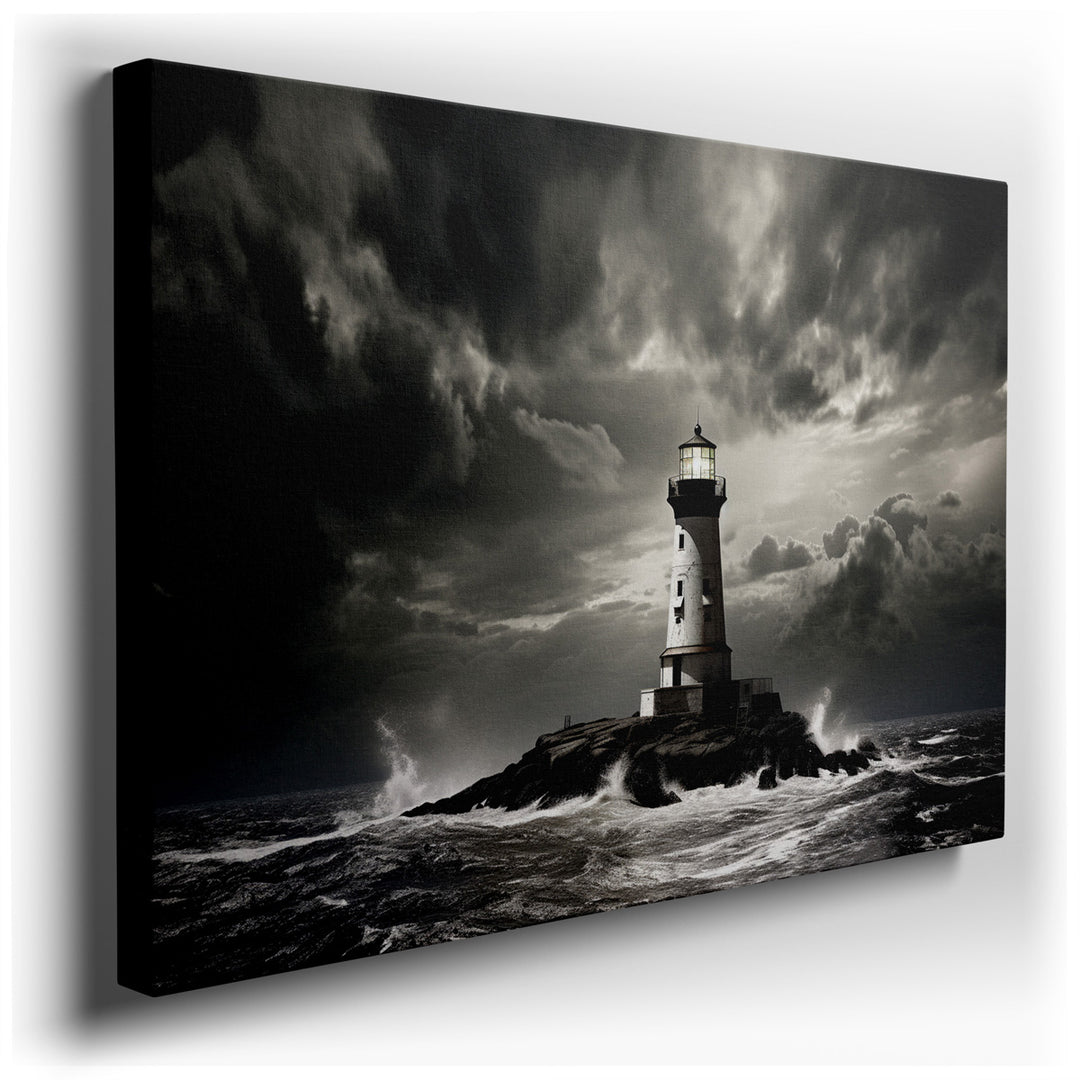 canvas print on wrapped canvas for wall decor – In this evocative wall art, a solitary lighthouse stands as a beacon of strength and resilience against a backdrop of st...