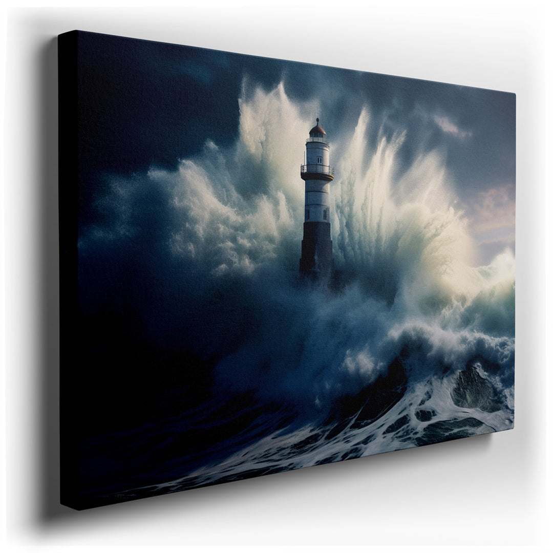 canvas print on wrapped canvas for wall decor – This captivating wall art portrays a lighthouse standing resolute against the formidable power of nature, depicted throu...
