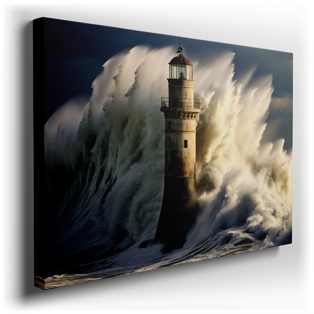 canvas print on wrapped canvas for wall decor – This wall art, a masterful depiction of a lighthouse standing resilient against the relentless assault of fierce waves,...