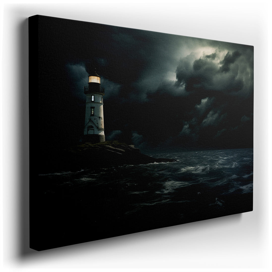 canvas print on wrapped canvas for wall decor – This evocative wall art captures a solitary lighthouse perched precariously on a rugged, rocky coastline. The scene is e...