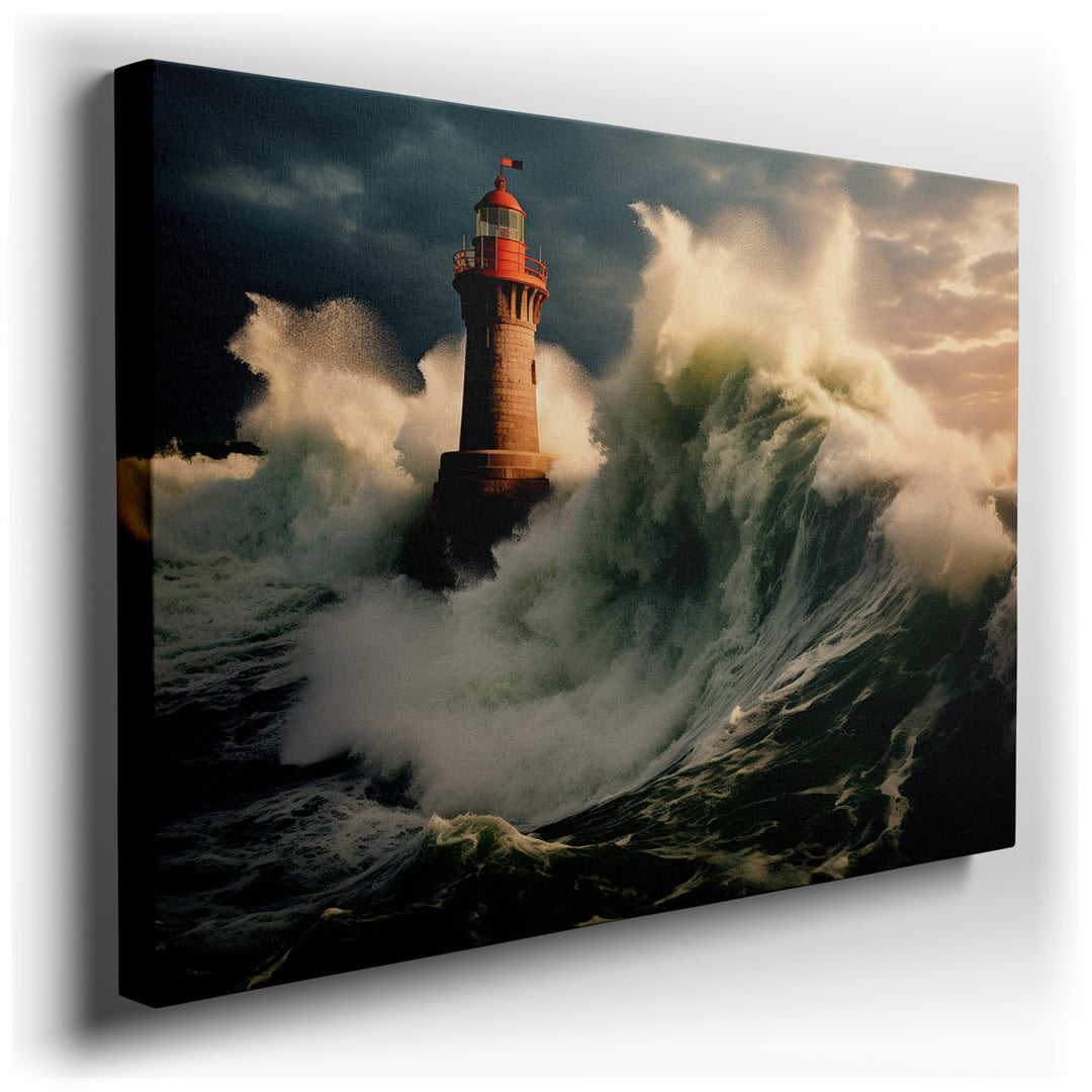 canvas print on wrapped canvas for wall decor – This wall art, a dramatic and evocative portrayal of a lighthouse standing resolute against formidable waves, serves as...