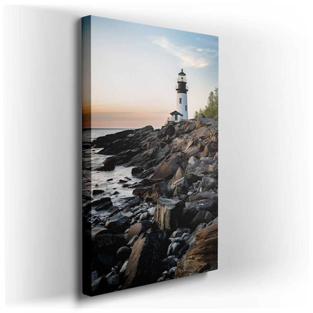 canvas print on wrapped canvas for wall decor – This wall art captures a breathtaking sunset scene that is both vivid and tranquil, featuring a picturesque lighthouse s...