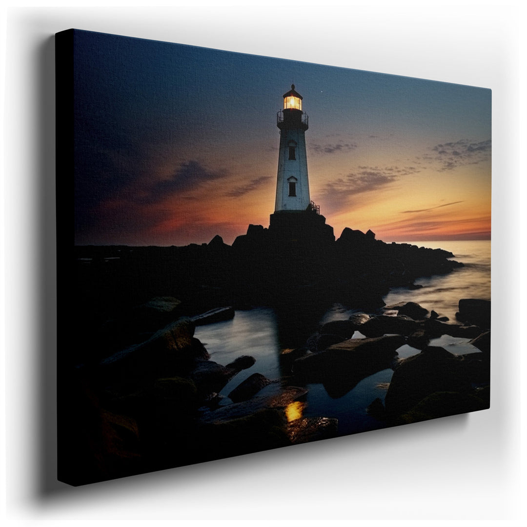 canvas print on wrapped canvas for wall decor – This captivating wall art of a lighthouse stands as a testament to the serene yet powerful presence of maritime landscap...