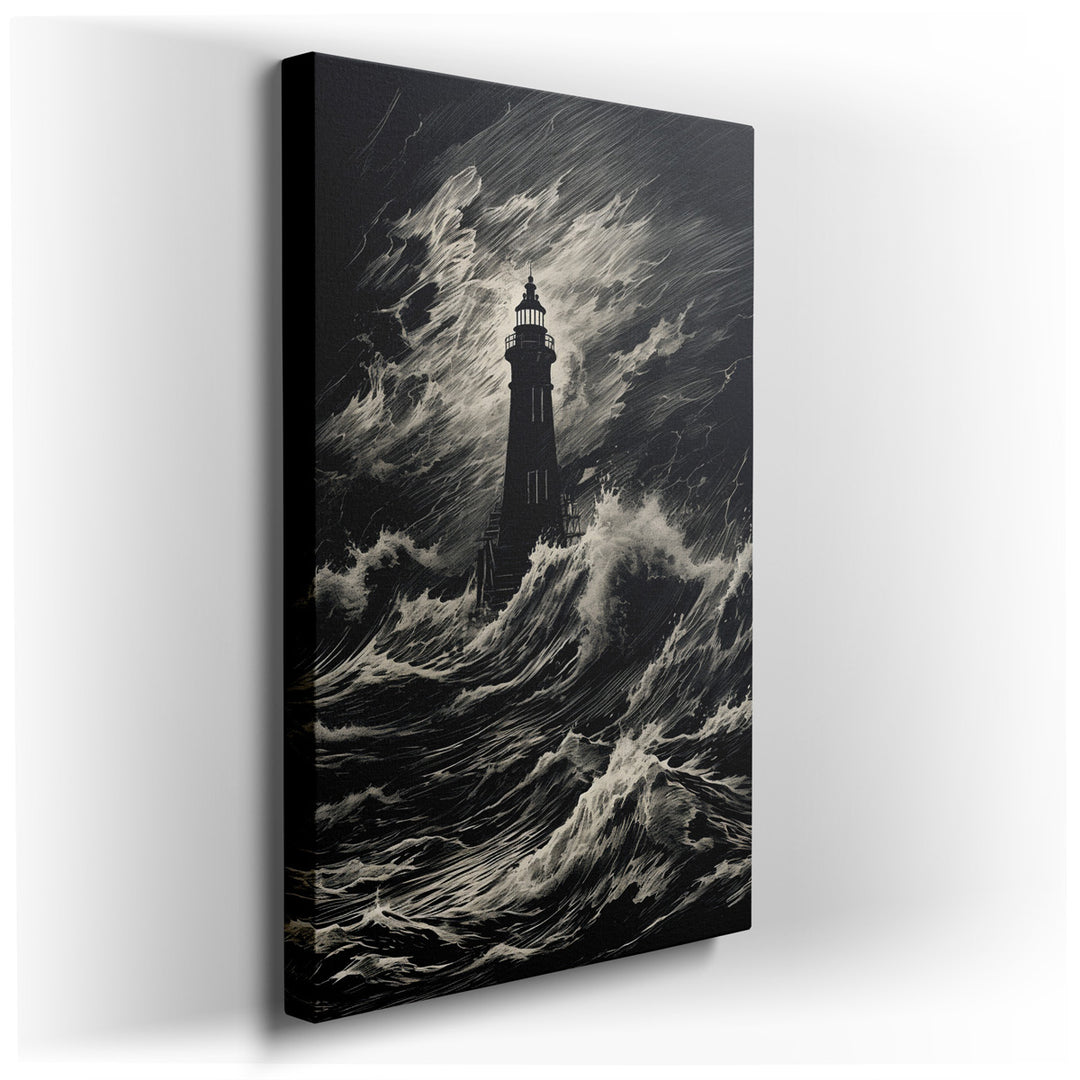canvas print on wrapped canvas for wall decor – This wall art, a vivid and evocative portrayal of a lighthouse enduring the wrath of a tempestuous sea, is a masterpiece...