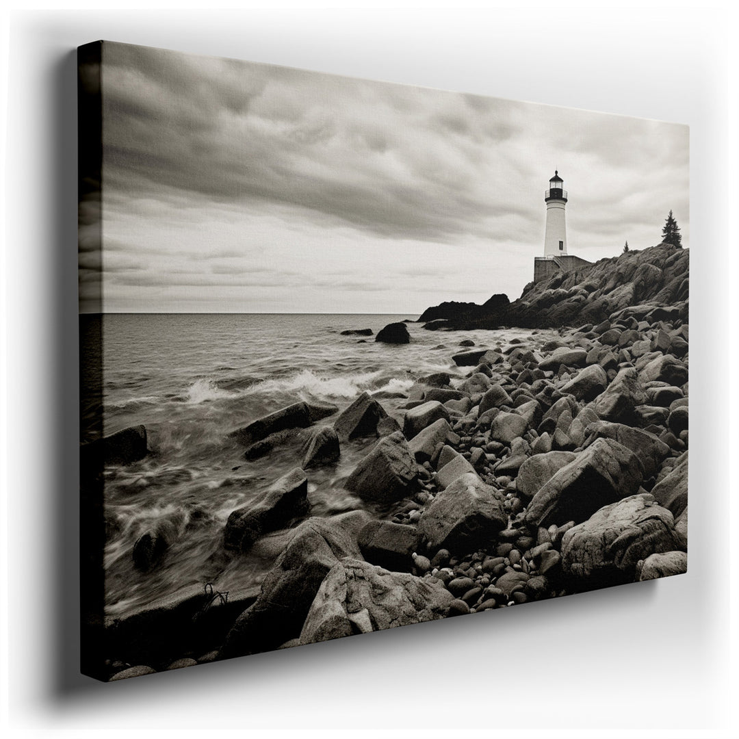 canvas print on wrapped canvas for wall decor – This captivating black and white photograph captures the essence of a solitary lighthouse perched on the edge of a rugge...