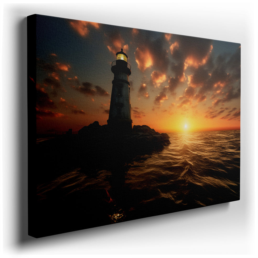 canvas print on wrapped canvas for wall decor – This wall art captures a serene yet striking scene of a lighthouse perched on rugged cliffs, overseeing the transition f...