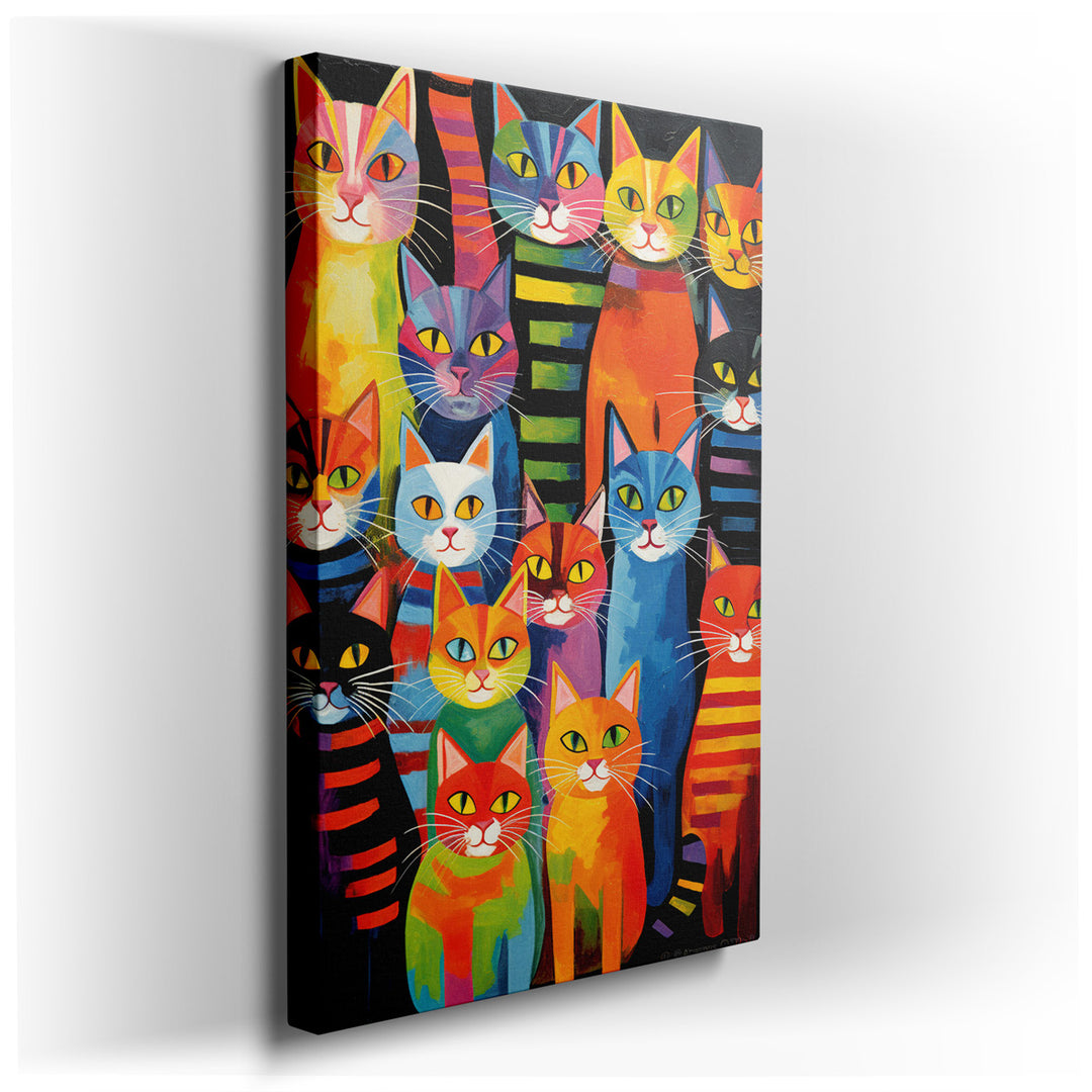 canvas print on wrapped canvas for wall decor – This enchanting wall art is a vibrant celebration of feline charm, featuring a lively collection of colorful cats, each...