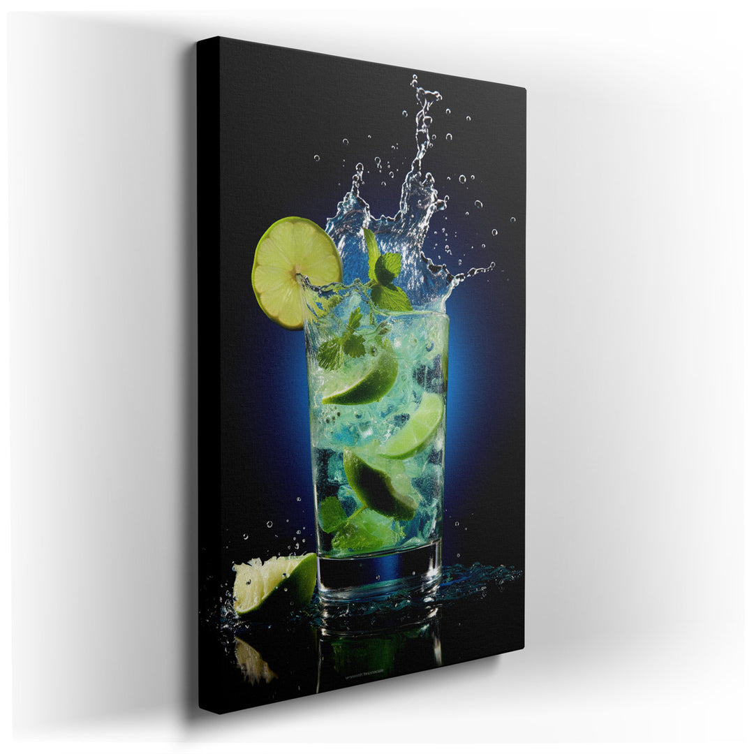 canvas print on wrapped canvas for wall decor – This captivating wall art vividly portrays the dynamic splash of a fresh mojito in a glass, an image that bursts with li...