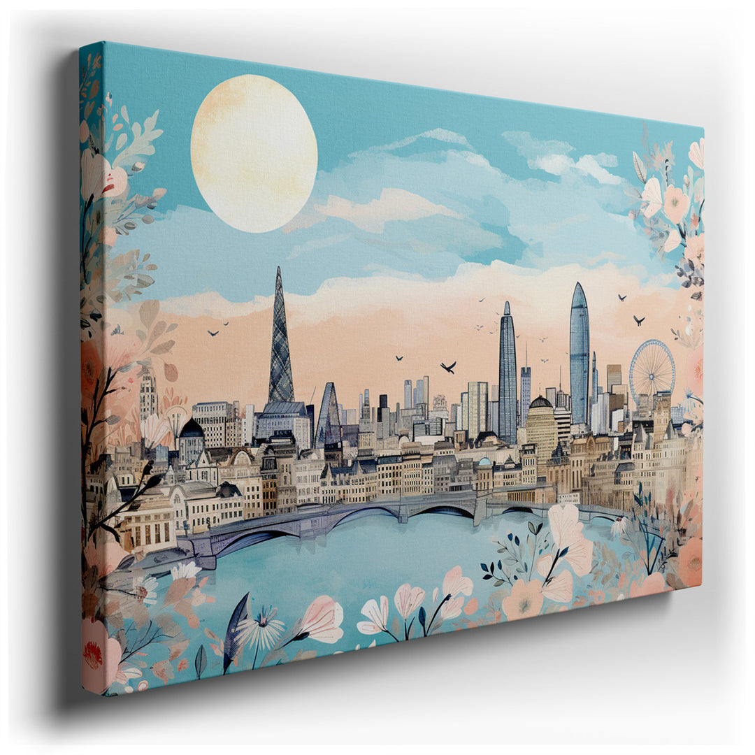 canvas print on wrapped canvas for wall decor – This exquisite wall art captures the essence of London's iconic skyline, masterfully blending the city's architectural m...