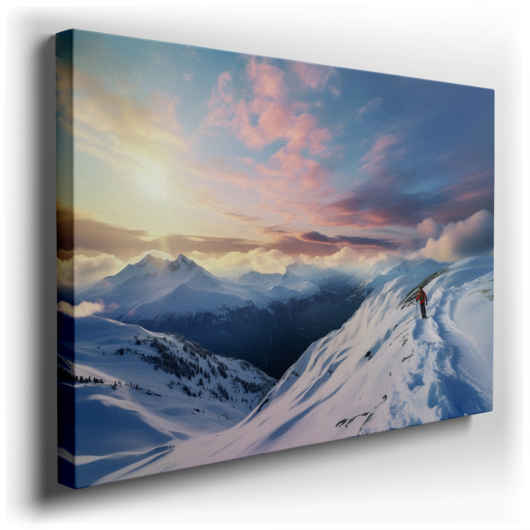 canvas print on wrapped canvas for wall decor – This wall art, a serene and evocative landscape, portrays a lone adventurer standing atop a snowy mountain peak. The fig...
