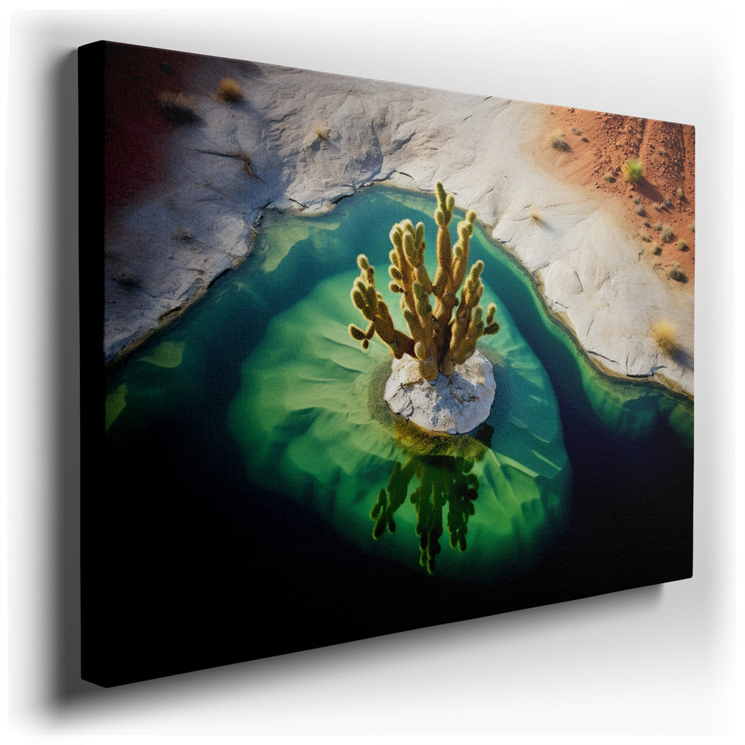 canvas print on wrapped canvas for wall decor – This wall art captures a striking and somewhat paradoxical scene that is both serene and rugged. At the center of the ar...