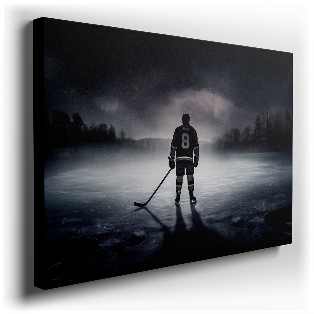 canvas print on wrapped canvas for wall decor – This evocative wall art captures the essence of solitude and determination inherent in the sport of ice hockey, presenti...