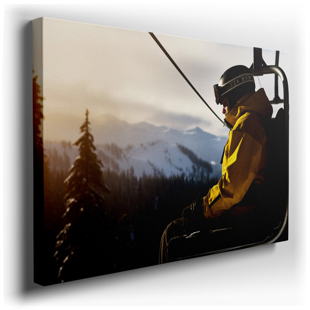 canvas print on wrapped canvas for wall decor – This wall art captures a serene yet invigorating scene of a lone skier ascending a mountain via a chairlift, set against...