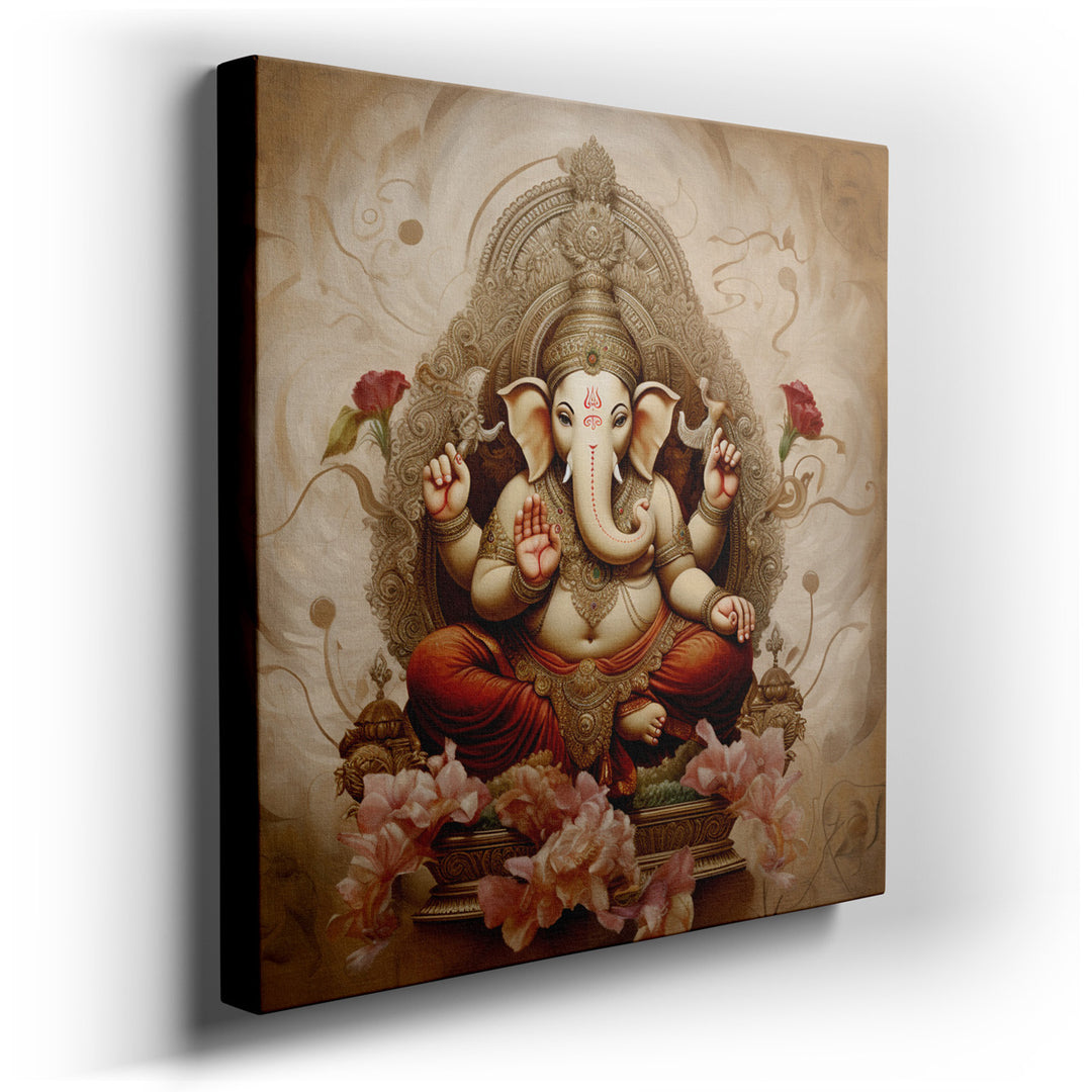 canvas print on wrapped canvas for wall decor – This wall art of Lord Ganesh is a masterful artwork that seamlessly blends traditional motifs with a modern aesthetic, c...