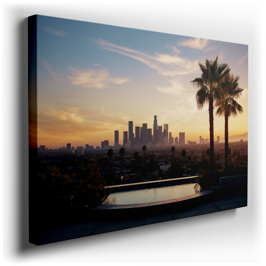 canvas print on wrapped canvas for wall decor – This captivating wall art masterfully portrays the iconic Los Angeles skyline, enveloped in the enchanting hues of a sun...