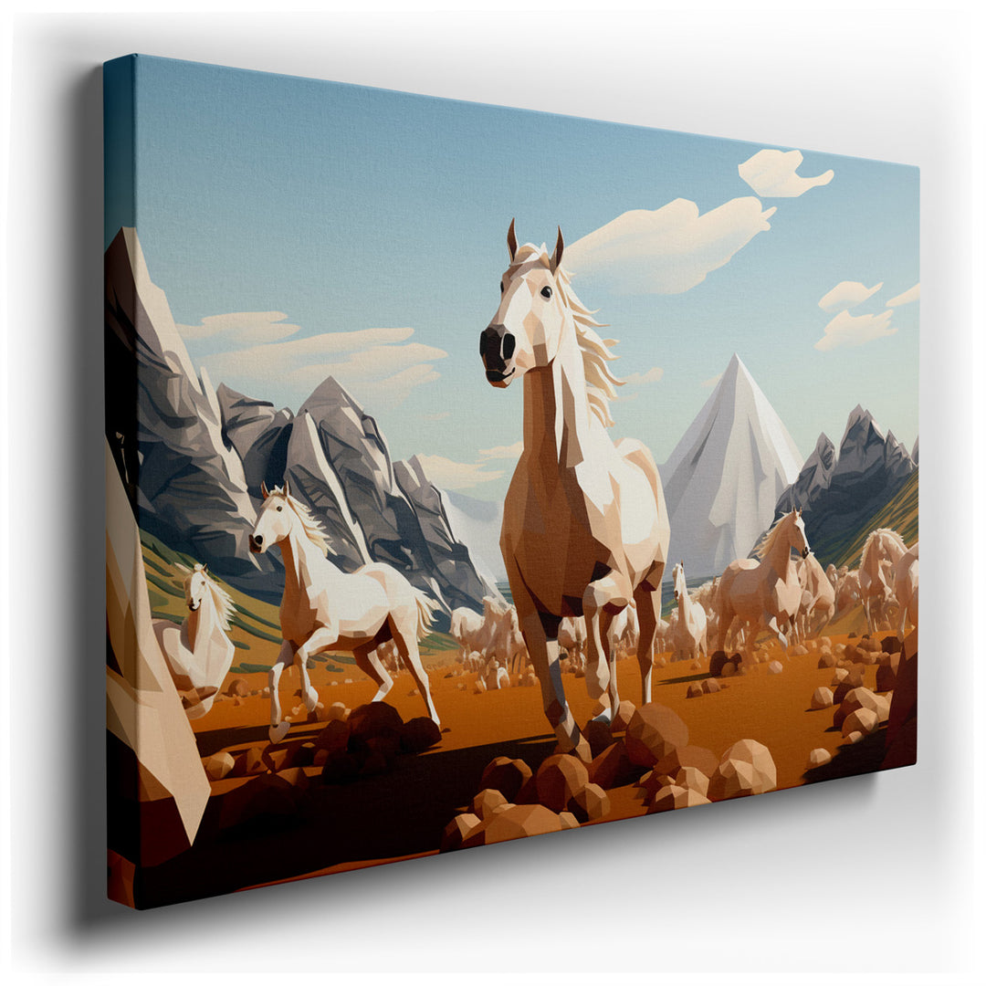 canvas print on wrapped canvas for wall decor – This captivating wall art is a masterful low-poly representation of a herd of horses in motion, set against a breathtaki...