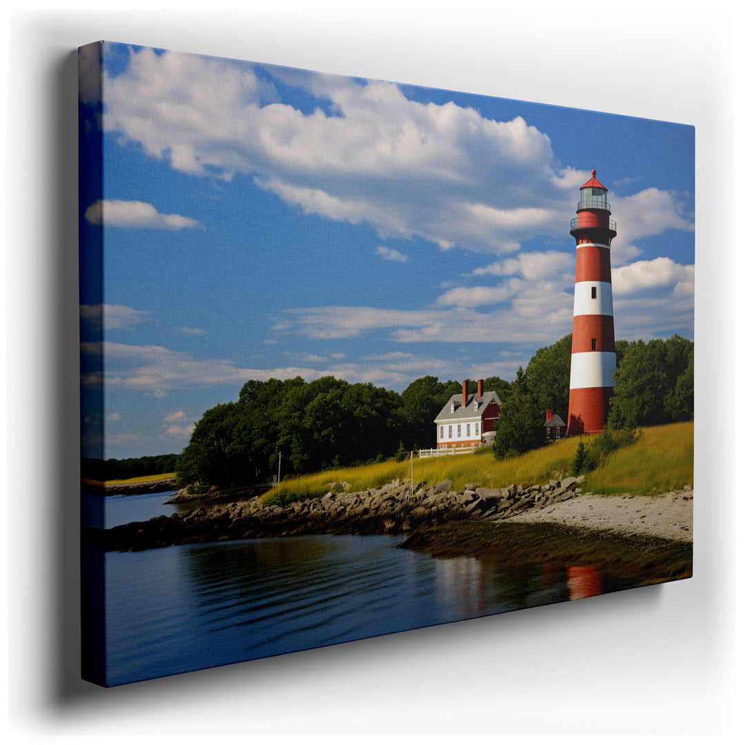 canvas print on wrapped canvas for wall decor – This wall art, a masterful depiction of coastal serenity, portrays a radiant lighthouse standing proudly beside the calm...