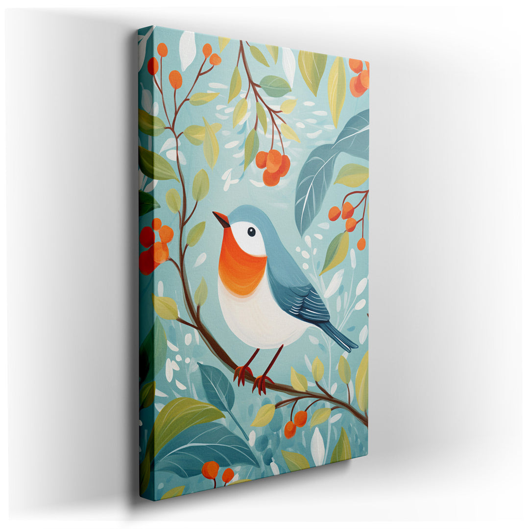 canvas print on wrapped canvas for wall decor – This enchanting wall art captures the essence of nature's beauty through the depiction of a strikingly colored bird, its...
