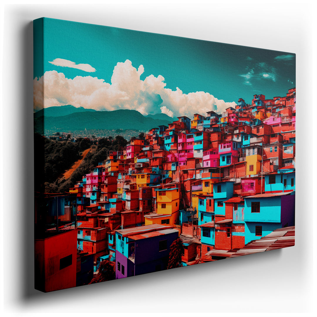 canvas print on wrapped canvas for wall decor – This wall art, a captivating portrayal of a hilltop settlement, is a celebration of color and community, set against the...