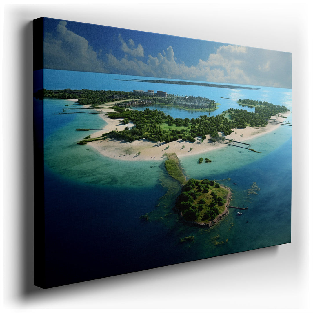canvas print on wrapped canvas for wall decor – This wall art, an exquisite aerial depiction of a tropical island, is a masterpiece that captures the essence of untouch...