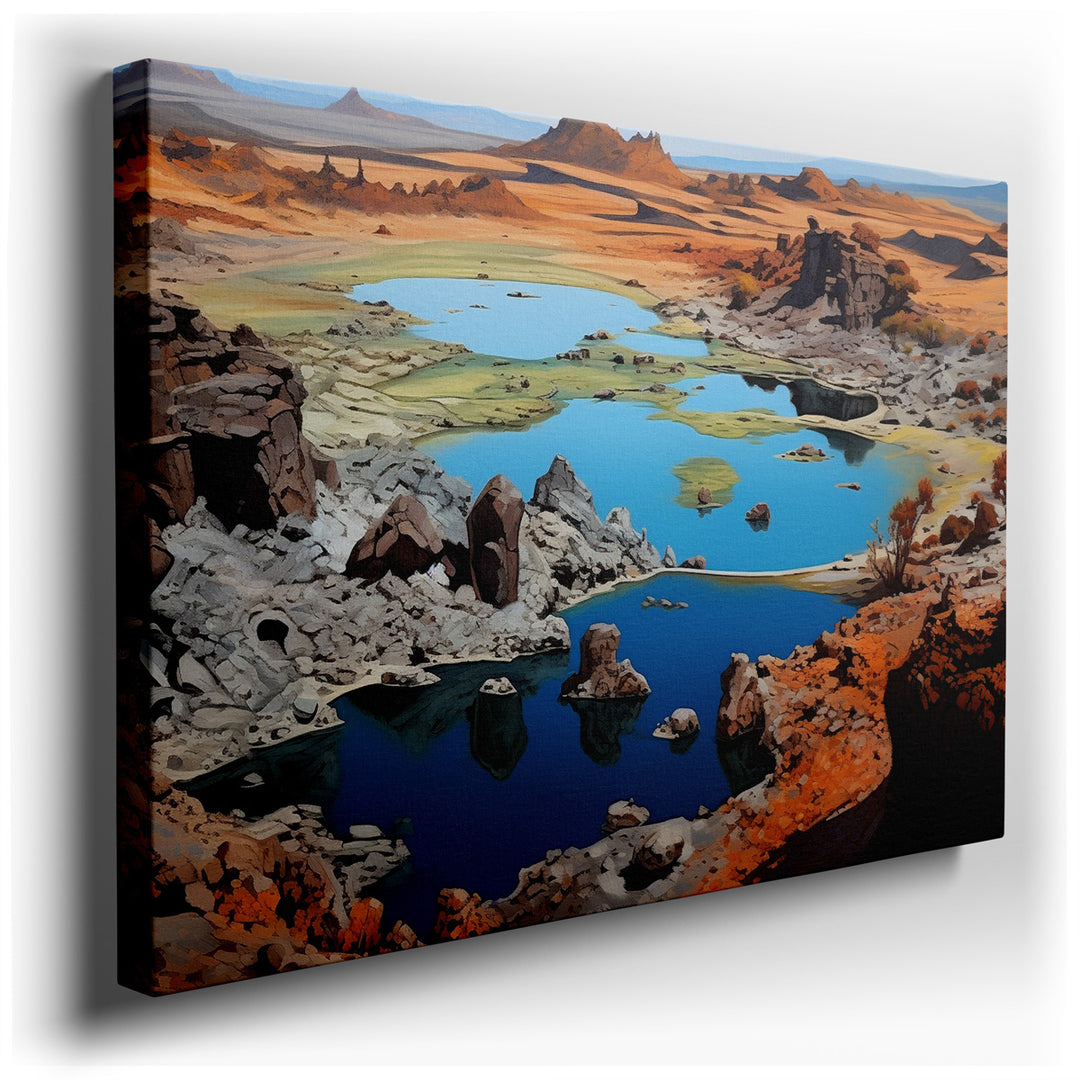 canvas print on wrapped canvas for wall decor – This captivating wall art masterfully portrays a vibrant oasis nestled within a stark desert landscape, creating a strik...