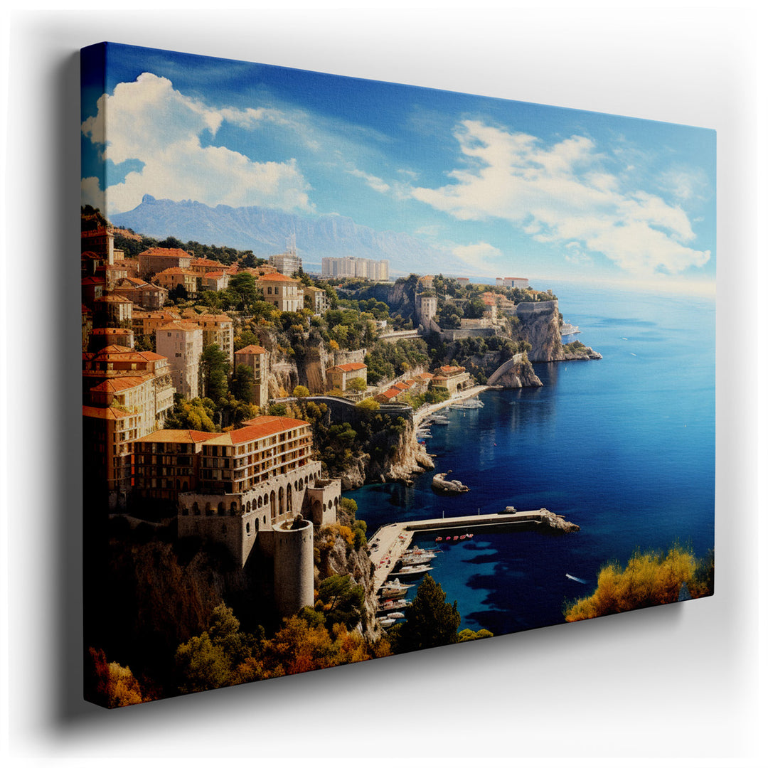 canvas print on wrapped canvas for wall decor – This wall art captures a breathtaking coastal scene, where luxurious estates are perched precariously on rugged cliffs t...